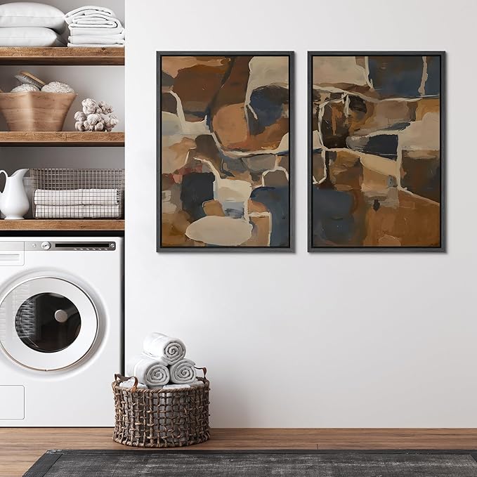SIGNFORD Framed Canvas Print Wall Art Set Earthy Tones Abstract Layers Modern Brown and Blue Color Block Illustrations Modern Art Decorative for Living Room, Bedroom, Office - 24"x36"x2 Black