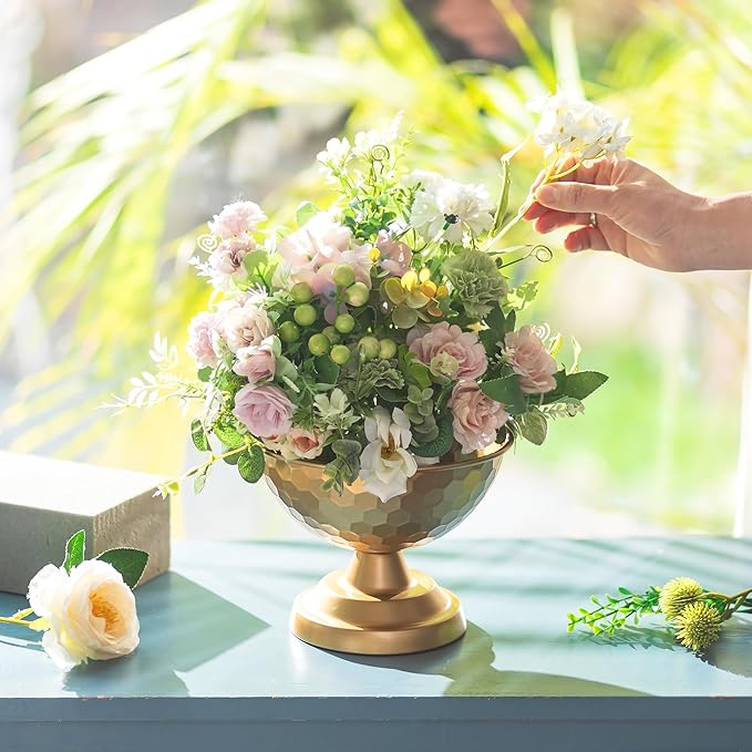 Sziqiqi Urn Vase Gold Centrepiece: 5.5in Small Vintage Vases Set for Table Decorations - Wedding Vase Elegant for Floral Arrangement - Metal Honeycomb Flower Pot for Party Reception Dinner Table