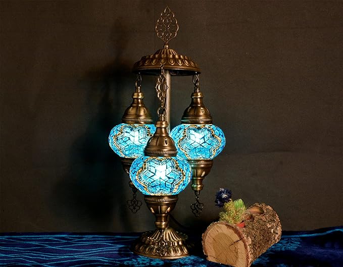 Mozaist Turkish Mosaic Lamp – Moroccan Handmade 3 Globe Table Light with Bulb (Sea Blue)