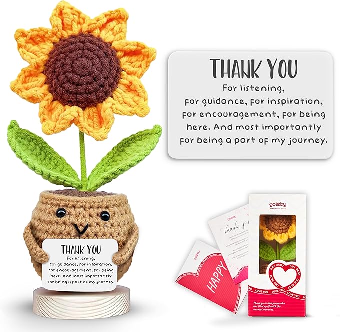 Gossby Handmade Positive Sunflower Doll Crochet with Card - Thank You for Listening - Appreciation Gift for Coworker, Friend - Mothers Day Christmas, Birthday, Thank You Gift Women, Men