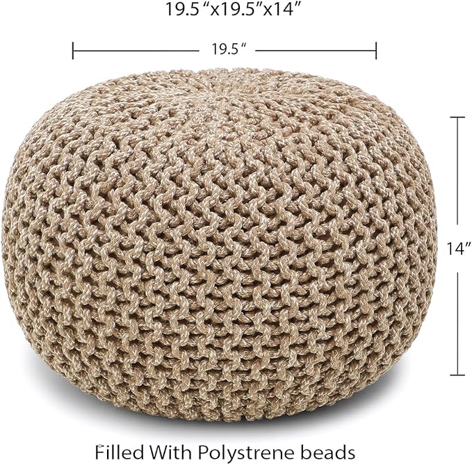 REDEARTH Round Pouf Ottoman - Hand Knitted Cable Boho Poof Home Décor Pouffe Circular Footrest for Living Room - Nursery - Bedroom - Lounge 100% Cotton (19.5"x19.5"x14") - Beige Ivory