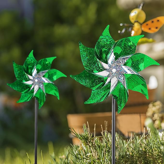 Hausse 10 Pack Reflective Pinwheels Holiday Decor, Extra Sparkly Wind Sculptures for St. Patrick's Day Decorations Party Supplies, Deterrent to Scare Birds Away from Garden Yard Patio Farm, Green