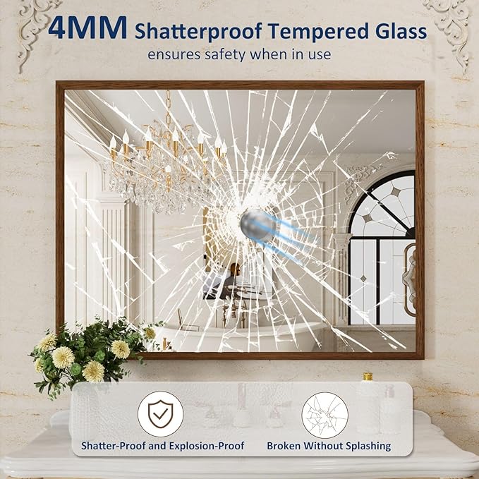 WEER Bathroom Mirror, 48x36 Inch Wall Mirror, Walnut Wood Grain Framed Mirror, Rectangle Vanity Mirror, Tempered Glass, Anti-Rust, Hangs Horizontally or Vertically