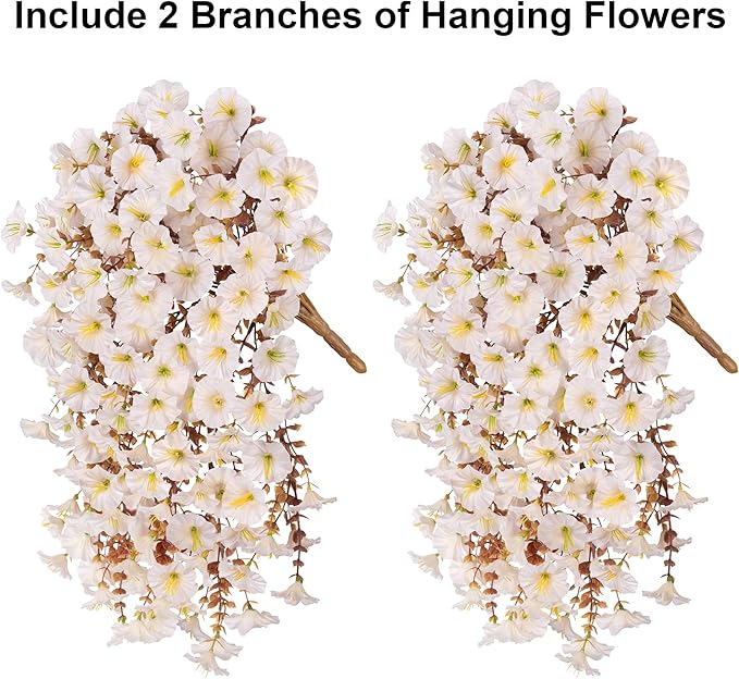 Fake Mums Artificial Fall Hanging Flowers for Outdoors Decoration, 2 PCS Faux Silk Morning Glory with Bown Eucalyptus UV Resistant Plants for Wall Home Porch Patio Balcony Yard Indoor Decor (White)