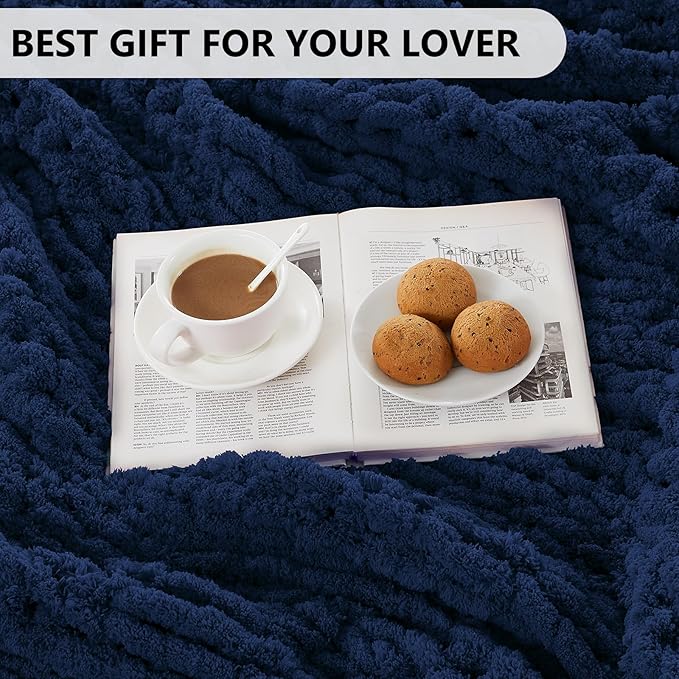 L'AGRATY Chunky Knit Throw: 72''x84'' Chenille Blanket for Bed Couch - Handmade Thick Big Cable Knit - Large Crochet Throw for Home Decor (Navy Blue)