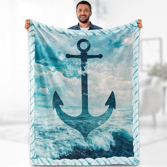 Aimego Anchor Nautical Blanket Gifts for Men Dad Husband Women Kids Boys Adults Navy Sea Adventure Ocean Theme Fleece Cozy Bed Couch Birthday Christmas Throw Blankets 50"x60"
