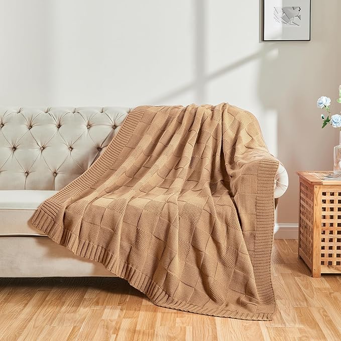 CozeCube Check Knit Throw Blanket, Beige Checkered Throw for Couch, Decorative Christmas Soft Cozy Warm Knitted Blanket for Bed Sofa Living Room, 60"X80"