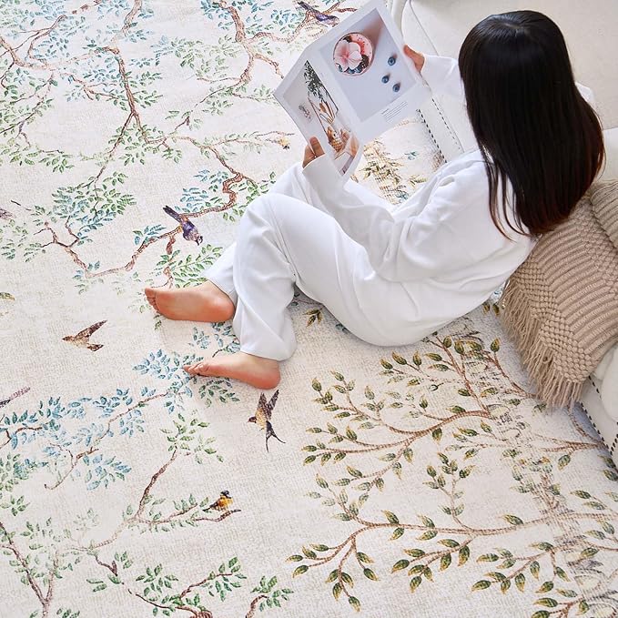 jinchan Botanical Birds 5x7 Ivory Area Rugs for Living Room Washable Non-Slip Soft Nature Plants Modern Kids Carpet Vintage Ultra Thin Low Pile Indoor Rug for Bedroom Dining Room Nursery Playroom