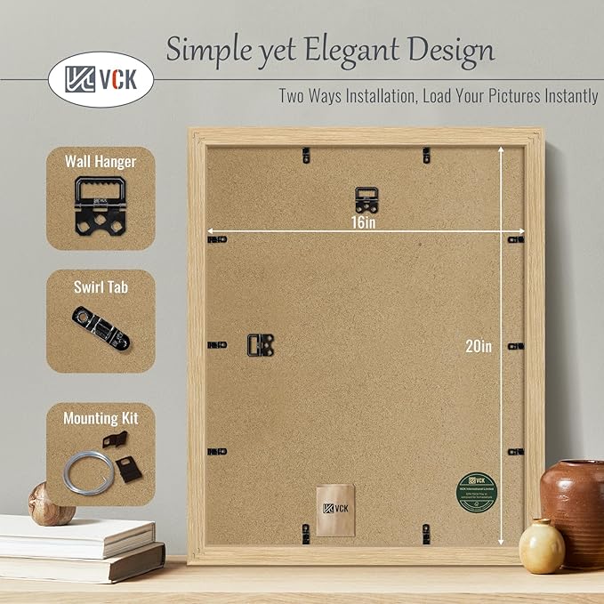 VCK 16x20 Poster Frame 3 Pack - Oak, Natural Solid Wood Picture Frames for Wall, Wall Gallery Frame