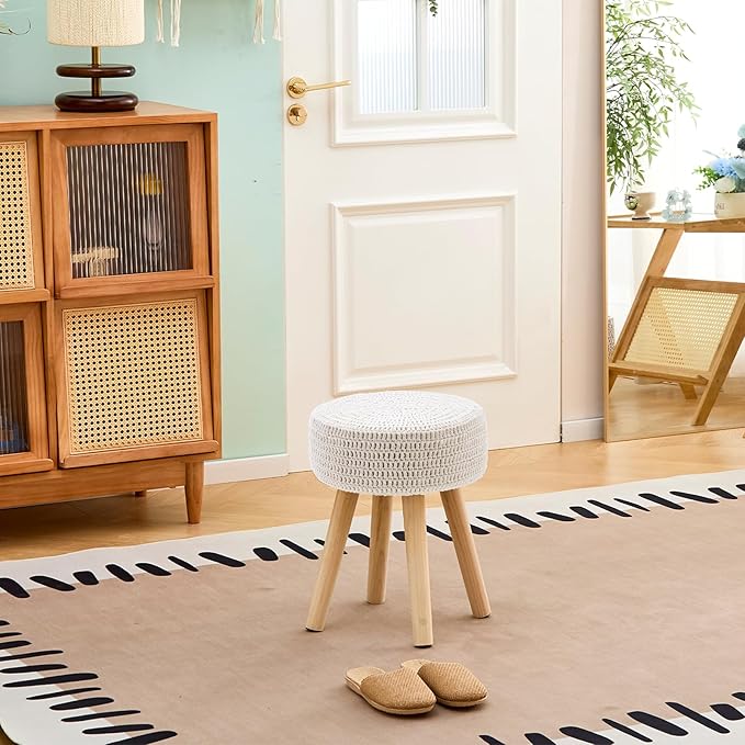 Wimarsbon Pouf Ottoman, 100% Cotton Knitted Boho Footstool, Round Footrest with Non-Skid Wood Legs, Home Décor Handmade Pouffe, Leisure Floor Step Stool for Living Room (Long Leg - Beige)