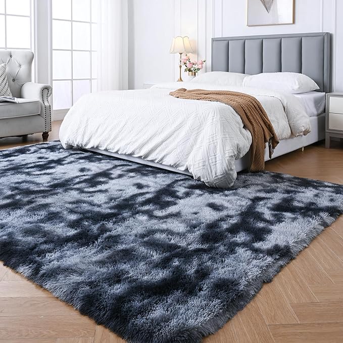 Fluffy Area Rugs for Bedroom：Grey Plush Area Rug 4x6 - Indoor Modern Shaggy Soft Carpet for Living Room Bedroom Kids Room Nursery (Tie-Dyed Dark Grey, 4x6 Feet)