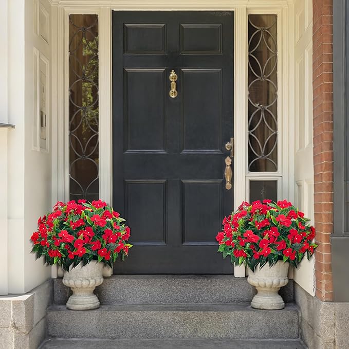 Artificial Impatiens Bouquet Flowers for Outdoors Silk Faux Flowers for Outdoor Impatiens Plants Decor Indoor Planters Kitchen Planters and Balcony Decorations 4PCS (Red)