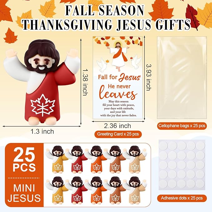 25 Pcs Thanksgiving Fall Jesus Figures Bulk 25 Fall for Jesus He Never Leaves Cards Little Maple Leave Figurines Greeting Cards Mini Pocket Figures for Religious Party Favors Gifts