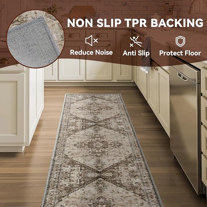 2x6 ft Bedroom Runner Rug for Hallways Non Slip Washable Kitchen Runner Long Runners for Entryway Laundry Room Bathroom Runners Neutral Vintage Beige