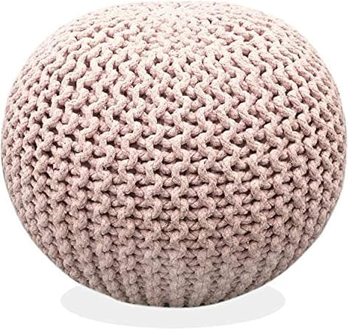 FRELISH DECOR Round Pouf Ottoman Hand Knitted 100% Cotton Pouf Foot Stool - Knitted Bean Bag - Floor Chair for Living Room Bedroom - Foot Rest for Couch (20 Diameter x 14 Height) - Cloud Pink