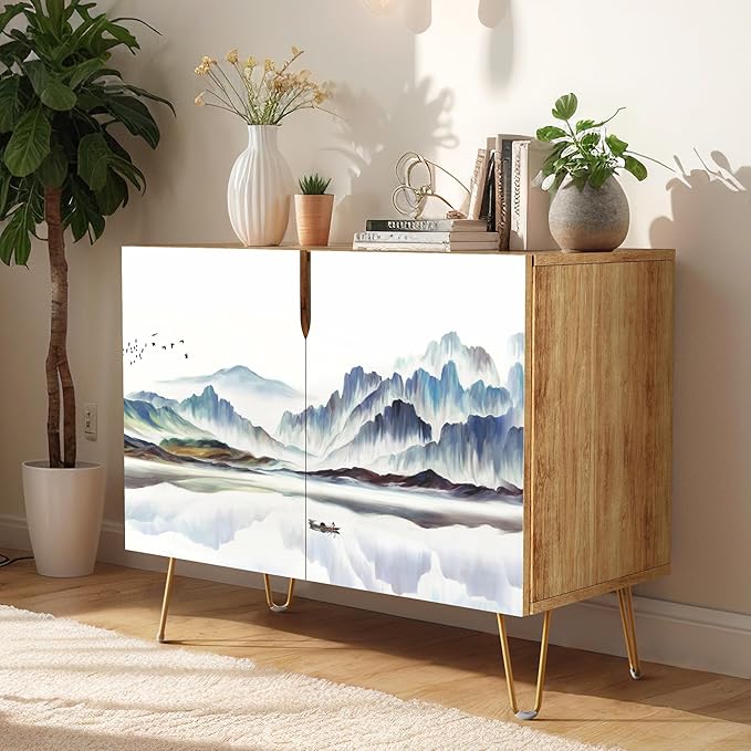 SIGNWIN Sideboard Buffet Cabinet, Kitchen Storage Cabinet with 2 Doors, Pastel Blue Mountain Range, Cupboard Console Table for Dining Room - 35" L x 18" W x 29" H