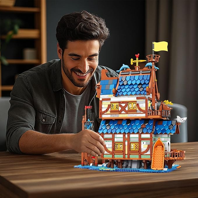 Reobrix Medieval Fishing Store Lighting Building Block Sets for Adults, Medieval Architecture Display or Home Office Decor, Creative Construction Building Kits 66007, Idea Gift for Adults