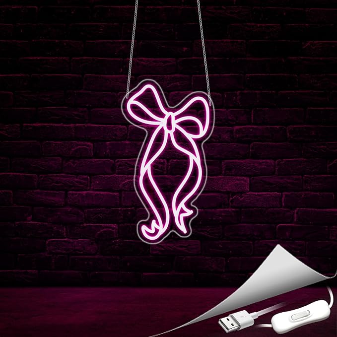 Bow Neon Sign, Neon Signs for Wall Decor Neon Pink Ribbon Bow LED Signs Room Neon Light Up Signs Home Decor for Bedroom Club Party Bar Shop USB Operated