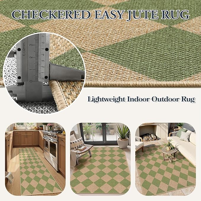 Lahome Checkered Green Runner Rug, 2x8 Carpet Runners for Hallway 8ft Non Slip Entryway Rug, Farmhouse Checkerboard Non Shedding Kitchen Mats for Floor Laundry Corridor