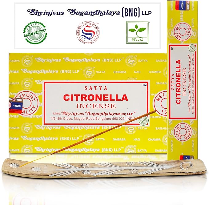 Satya Citronella Incense Sticks, Satya Bng Insenses 15gmx12 Pack with Raajsee Incense Holder Bundle, Satya Nagchampa Natural Incense