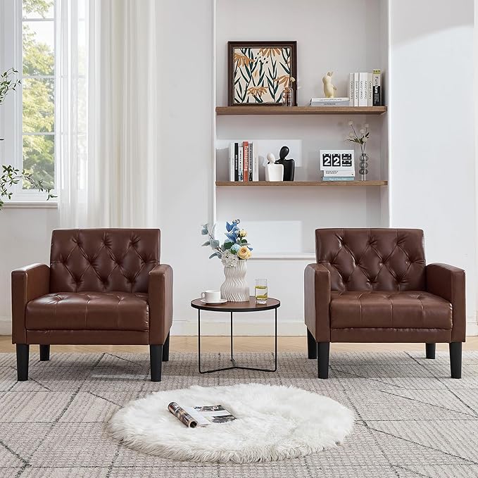 TYBOATLE Accent Chair Comfy Living Room Chair Leather Tufted Mid Century Modern Accent Chair, Small Cozy Reading Arm Chair for Office, Bedroom (1, Brown)