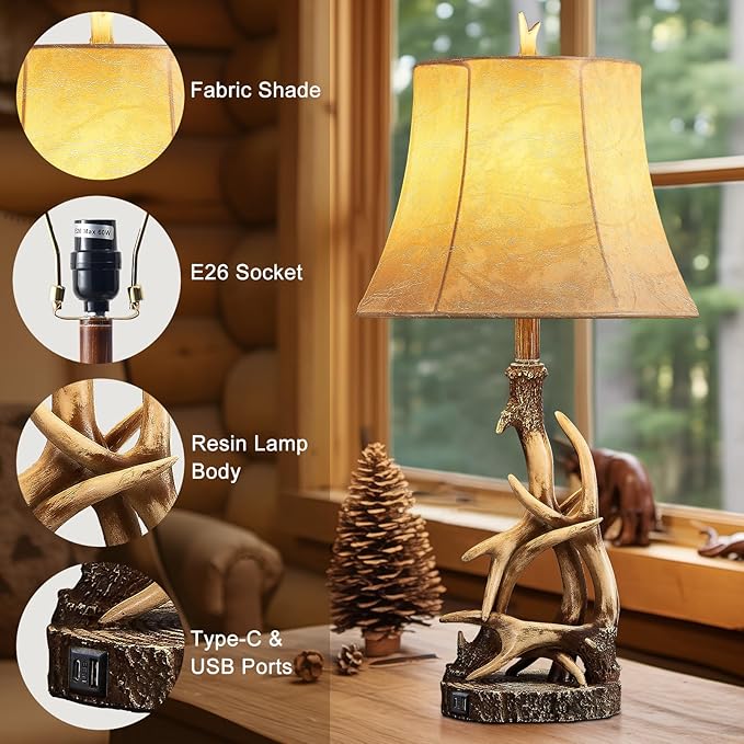 27.25'' Rustic Antler Table Lamps for Living Room with USB A + C Charging Ports Western Cabin Bedside Lamps for Bedroom Nightstand Lamps with Faux Leather Lampshade, Single, Bulb Not Included