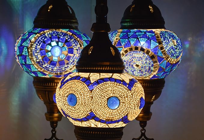 Mozaist Turkish Mosaic Lamp with Bulb – 3 Light Moroccan Table Lamp (Blue & White)