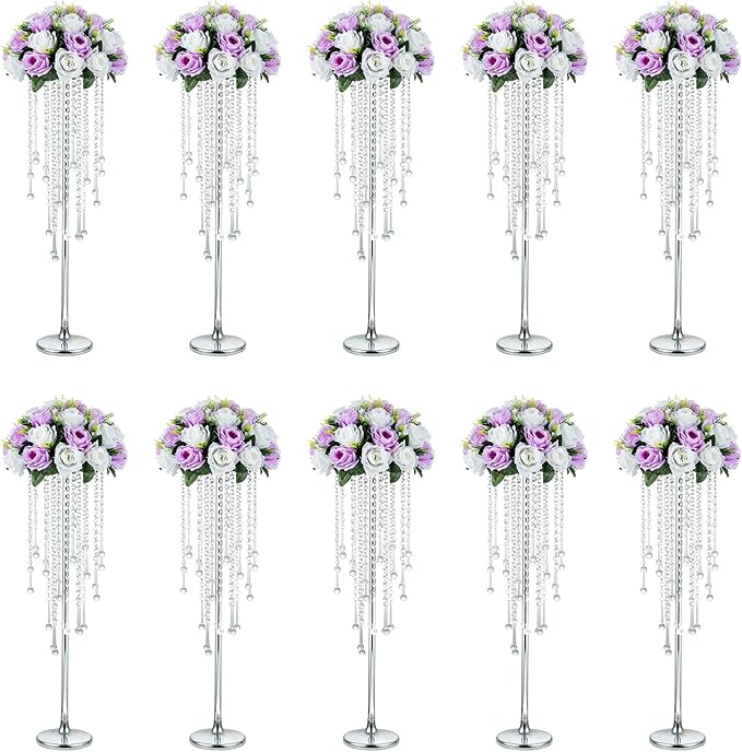 NUPTIO Silver Crystal Wedding Vases - 10 Pcs 29.5in Tall for Centerpieces, Aisle Decorations, Parties