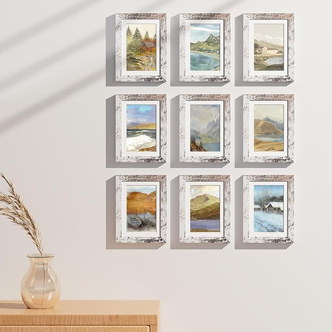 Vittanly 5x7 Picture Frames Set of 9, Shatter Resistant Plexiglass, Display 4x6 Pictures with Mat or 5x7 without Mat, Photo Frames for Wall or Tabletop, Engineered Wood, Distressed White