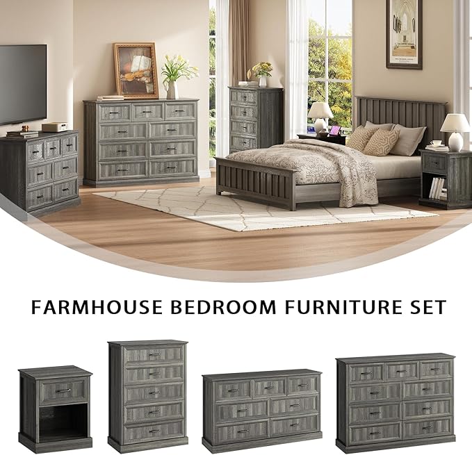 CARPETNAL 20" Farmhouse Nightstand, End Table with Large Drawers & Open Storage, Side Table, Bedside Cabinet for Bedroom, Living Room, Grey