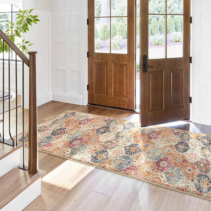 Lahome Moroccan Trellis Washable Runner Rug, 2x6 Kitchen Runners for Hallways 6 Feet Non Slip, Vintage Laundry Room Rug Ultra-Thin Long Carpet for Bathroom Bedroom Entryway, Cream/Multi