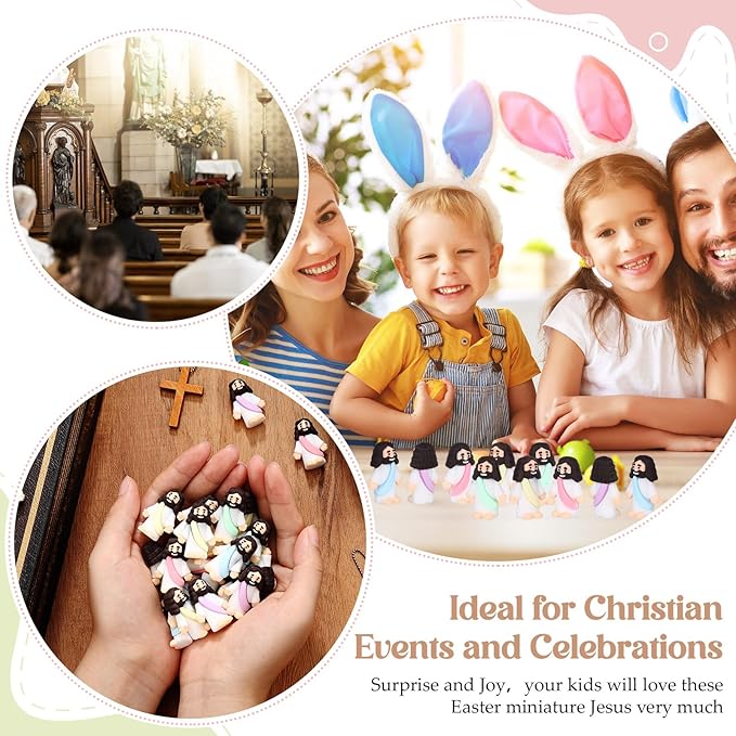 Bememo 100 Pcs Jesus Toys Original Design Mini Rubber Little Jesus Figurine to Hide and Seek Religious Party Favors Sunday School Craft Baptism Gifts for Easter Egg Stuffers (Macaron Color)