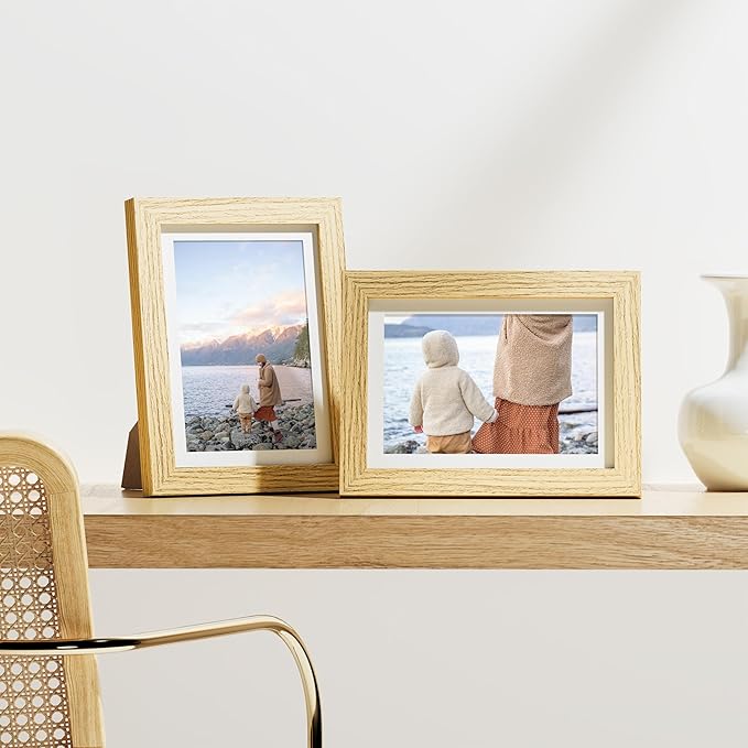 Vittanly 5x7 Picture Frames Set of 9, Shatter Resistant Plexiglass, Display 4x6 Pictures with Mat or 5x7 without Mat, Photo Frames for Wall or Tabletop, Engineered Wood, OAK