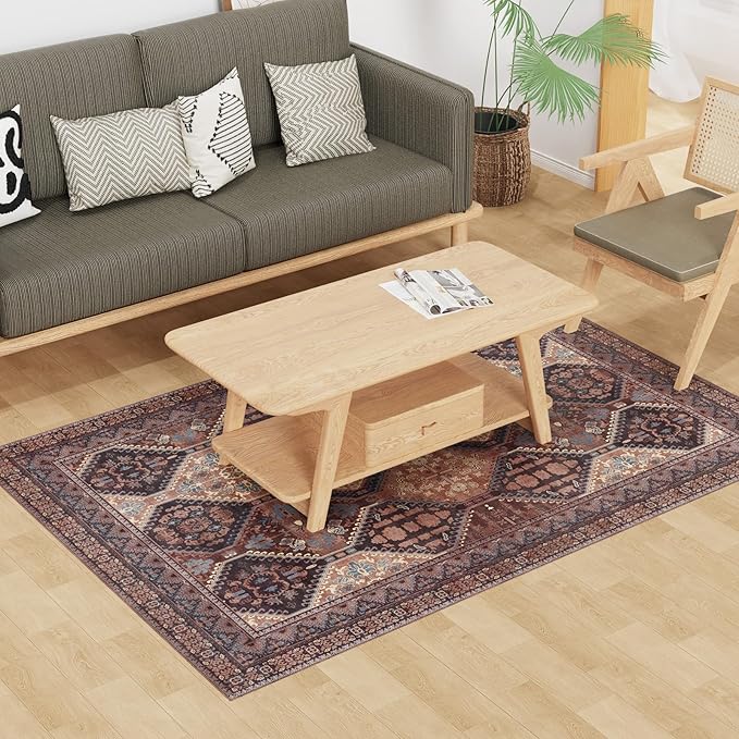 Floor Mat for Home 4×6ft, Easy Clean Plastic Rug-Like Pattern Area Mat for Living Room, Waterproof Vinyl Area Rug for Under Kitchen Table, No Slip Soft Vintage Rug for High Traffic Area (Brown)