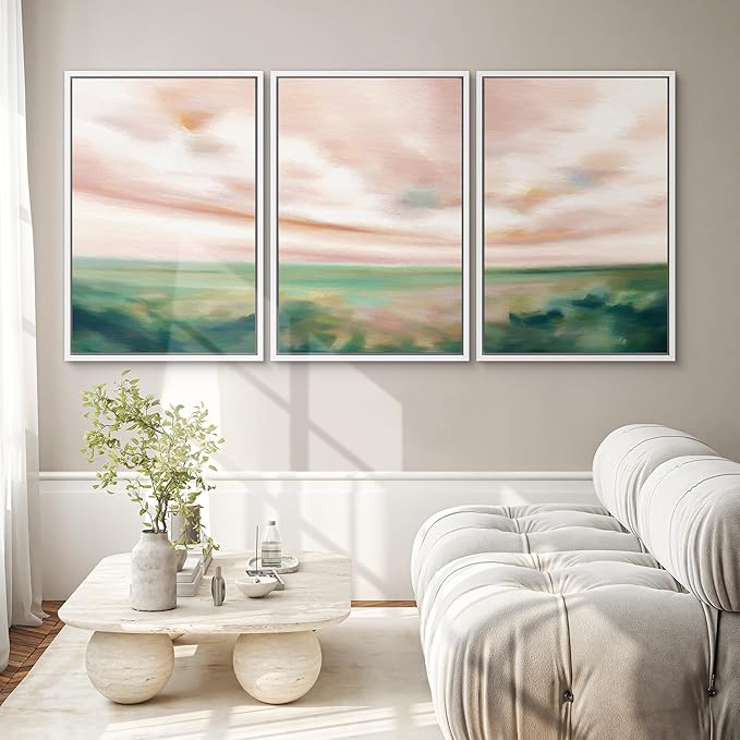 SIGNWIN Framed Canvas Print Wall Art Set Pastel Watercolor Pink Cloud Sky Green Countryside Hill Nature Wilderness Illustrations Modern Art Decorative Scenic Relax/Calm for Bedroom - 16"x24"x3 White