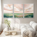 SIGNWIN Framed Canvas Print Wall Art Set Pastel Watercolor Pink Cloud Sky Green Countryside Hill Nature Wilderness Illustrations Modern Art Decorative Scenic Relax/Calm for Bedroom - 24"x36"x3 White