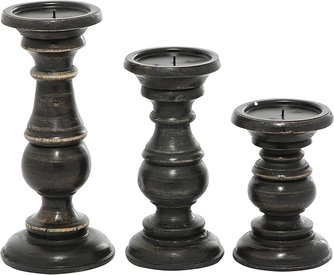 Deco 79 Mango Wood Decorative Candle Holder Distressed Turned Pillar Candle Stand, Set of 3 Candlestick Holder 6", 8", 10"H, Black