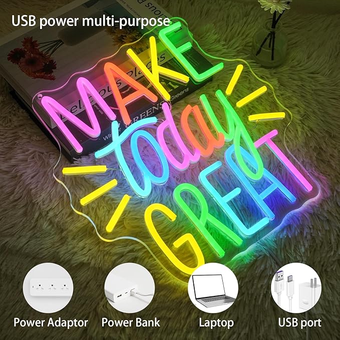 Make Today Great Neon Sign for Wall Decor, Inspirational Colorful Letter Neon Light, Dimmable Motivational Word Led Light Up Sign for Classroom, Cafe, Wedding Party,Birthday Wall Decor