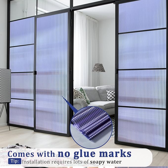 Beautyhero Window Privacy Film, Frosted Reeded Glass Cling, 3D Decorative Coverings with UV Blocking, Adhesive Stickers for Bathroom Doors Cabinet