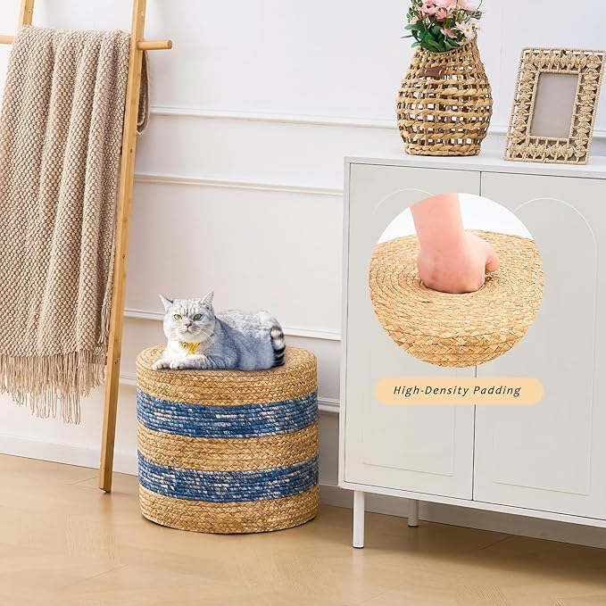 Handwoven Ottoman Pouf, Natural Water Hyacinth Footstool, Round Braided Outdoor Seat with Sturdy Frame, Boho Accent Stool for Patio, Balcony, or Garden (Blue)