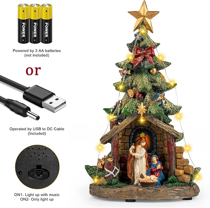 12'' Christmas Tree Lighted Manger Nativity Scene, Musical Holy Family Collectible Buildings Figurines LED Light Play Silent Night Music, Holiday Decorations Gifts for Family or Friends