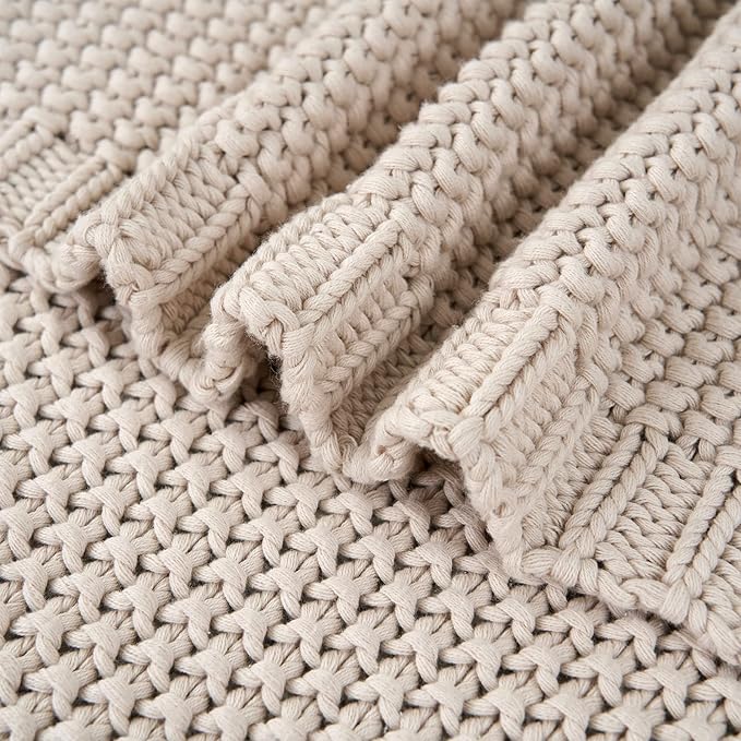 Longhui bedding Chunky Cable Knit Throw Blanket Lightweight Beige 100% Organic Cotton Blanket for Sofa Couch Bed Baby Nursery, Rustic Shabby Chic Modern Farmhouse, 60” x 80”