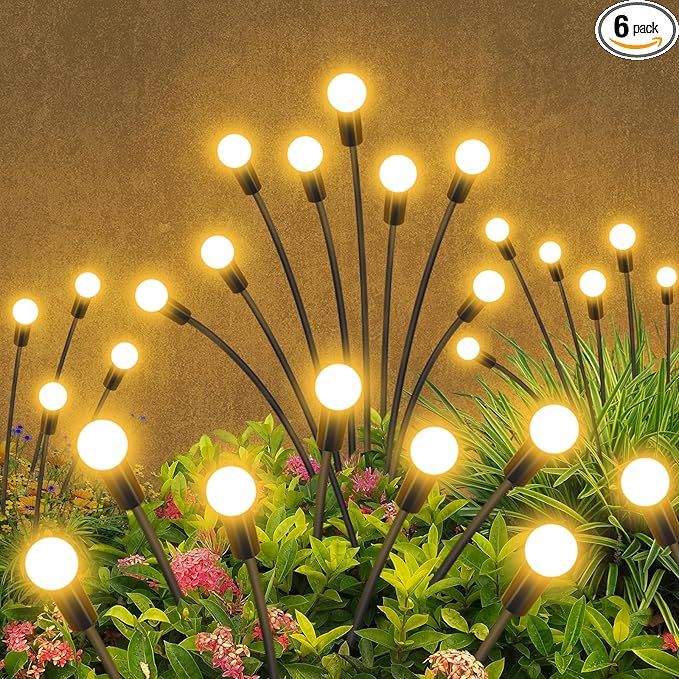 Solar Garden Lights Outdoor Waterproof, 6 Pack 48 LED Swaying Light Firefly Light Outdoor Decor Lights for Garden Gifts for Pathway Party Christmas Decoration, Warm White