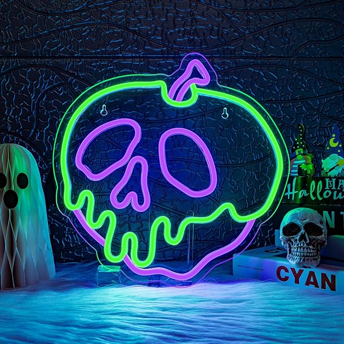 WLHOPE Halloween Neon Sign Dimmable Skull Apple Neon Signs for Wall Decor Halloween Led Lights Decor USB Connectivity Apple Led Lights Light Up Signs for Bedroom Bar Man Cave Club Pub Shops Halloween Party Decoration 12.6x12.6in