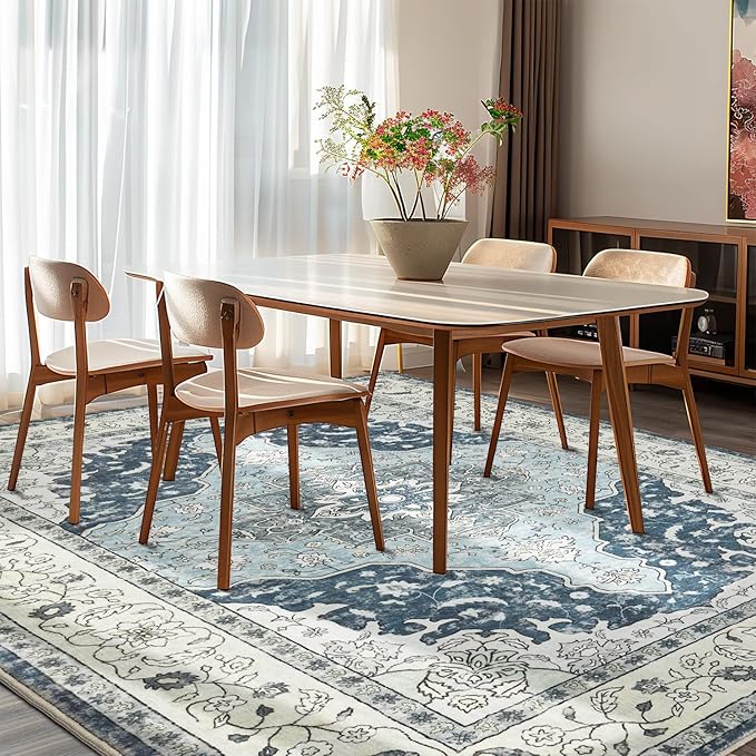 Topllen Washable Area Rug - Area Rug 6'x9' Boho Soft Living Room Rug, Non-Slip Large Area Rugs Indoor for Dining Room Livingroom Bedroom, Vintage Rug (Blue, 6x9ft)