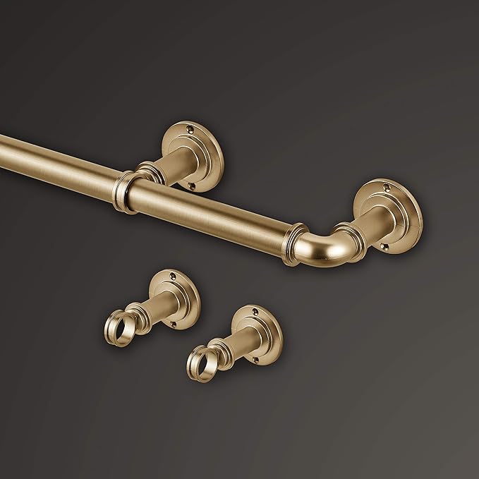 MODE Industrial Room Darkening Collection 1 1/8" Diameter Industrial Curtain Rod Set with Steel Wall Mounted Adjustable Curtain Rod, Blocks Light, Fits 72” to 144” Windows, Warm Gold