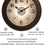 CLXEAST 24 Inch LED Illuminated Outdoor Clocks Waterproof with Thermometer & Hygrometer, Large Lighted Metal Wall Clock with Smart Night Light Sensor,Grey Oak Finish,House Warming Gifts New Home