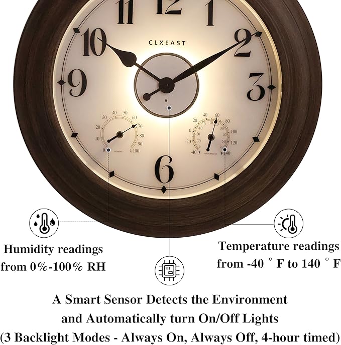 CLXEAST 24 Inch LED Illuminated Outdoor Clocks Waterproof with Thermometer & Hygrometer, Large Lighted Metal Wall Clock with Smart Night Light Sensor,Grey Oak Finish,House Warming Gifts New Home