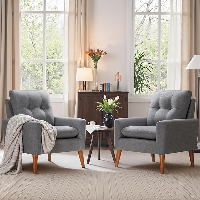 JUMMICO Mid Century Accent Chair, Fabric Modern Reading Living Room Chair, Fluffy Comfy Armchair Small Sofa Chair with Wood Legs for Bedroom Office Cafe, Set of 2 (Grey)