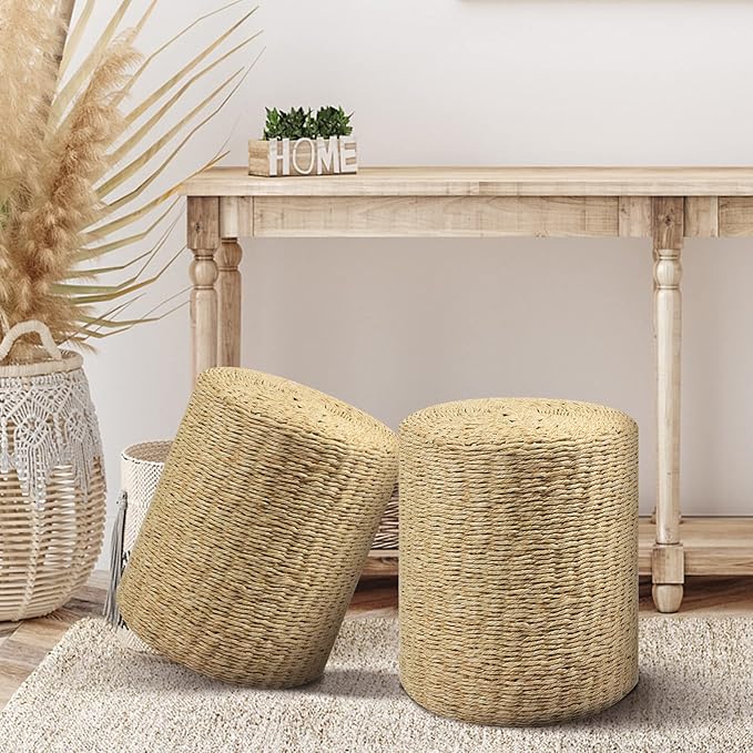 Wimarsbon Decor Round Pouf Ottoman Single Strand Paper Rope Pouf Footrest, Foot Stool, for Bed Room Living | Room | Accent Seat (Brown Paper Rope
